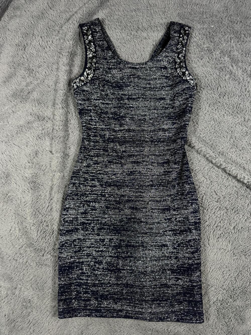 City Studio Dress Juniors 1 Blue Glitter Mini Bodycon Rhinestone Scoop Neck